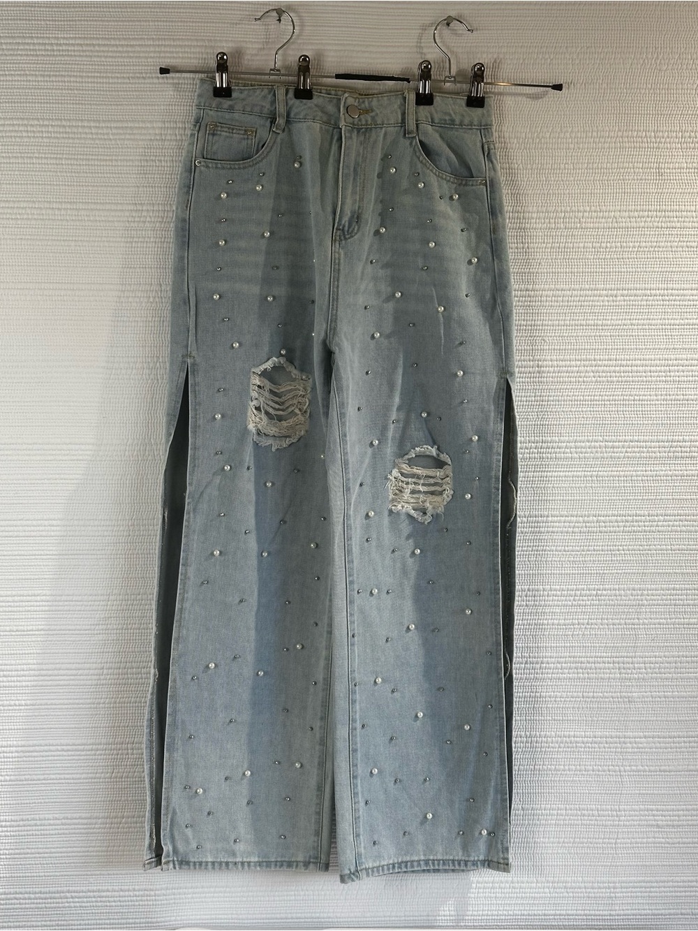 Y2K Pearl Studded Wide Leg Jeans Light Wash Distressed Split Hem Denim Pants - Picture 3 of 16